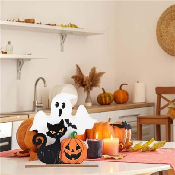 Farmhouse Halloween Decorations - Wooden Ghost & Black Cat Table Signs - Picture 4 of 8